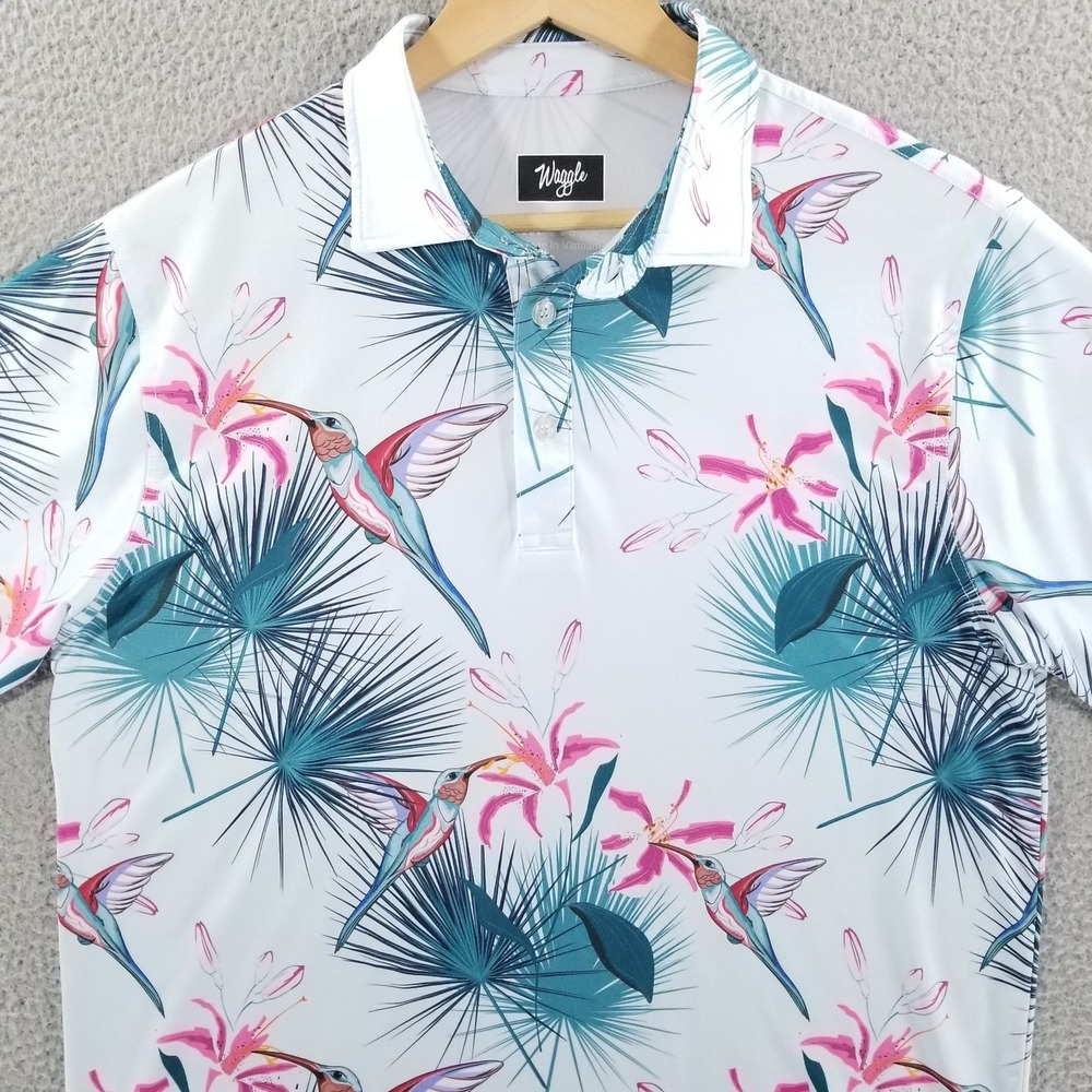 Waggle Polo Shirt Mens Medium White Hummingbird Floral Golf Performance Stretch